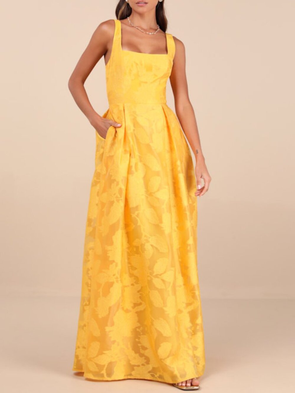 Lulus Perfected Aura Yellow Jacquard Tie-back Maxi Dress With Pockets - Size L